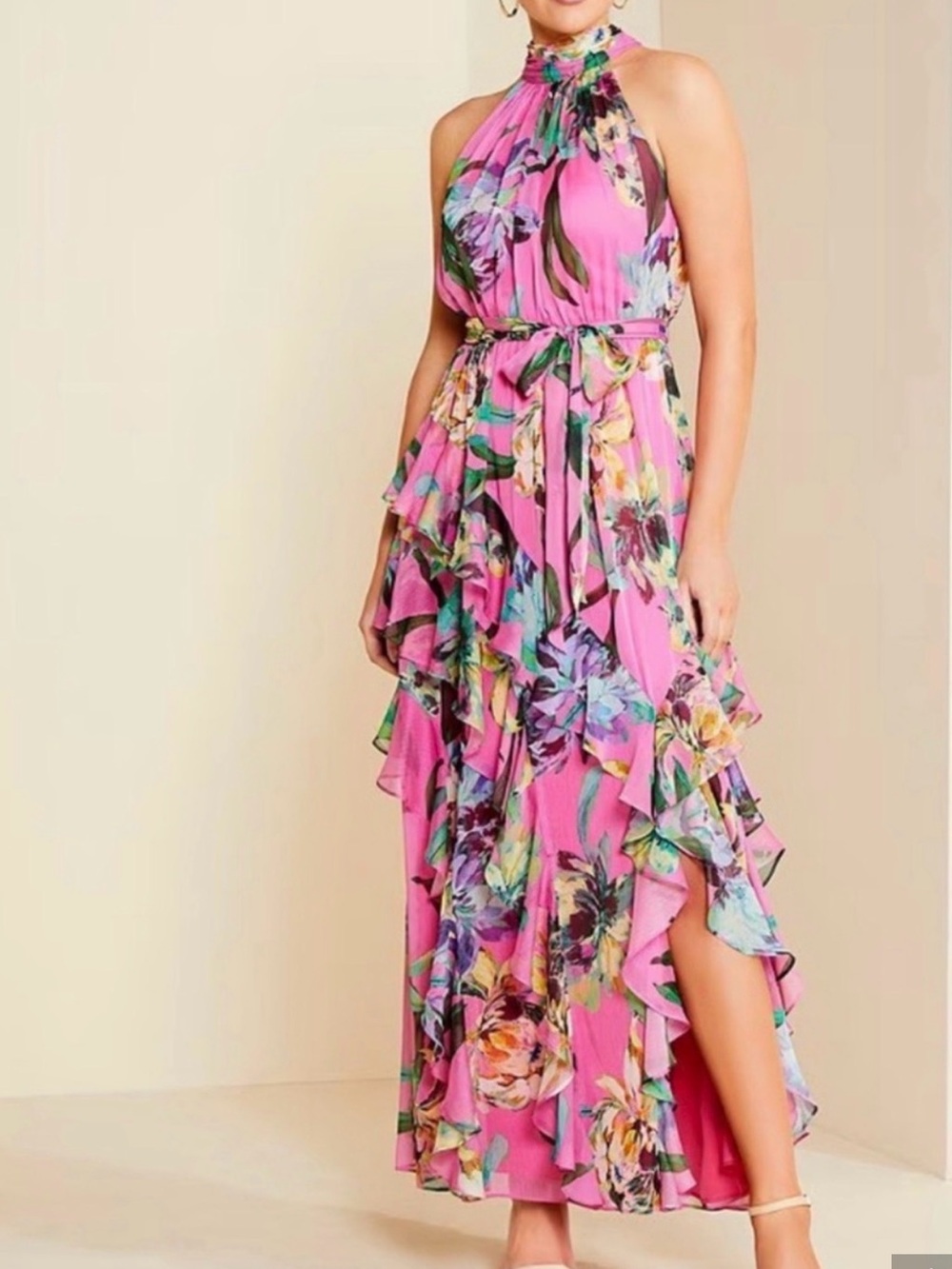 Alex Marie Floral Halter Ruffle Maxi Dress - Pink